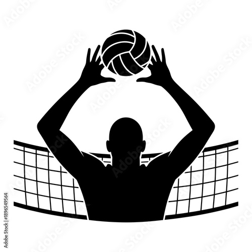 black silhouette volleyball player setting ball at net with raised arms minimalist vector illustration capturing precision teamwork timing and competitive indoor sports action