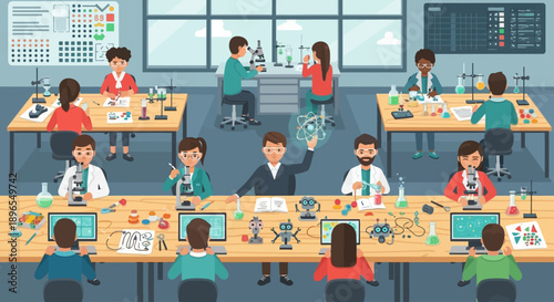 Children engaged in a vibrant science laboratory class with experiments and robots.