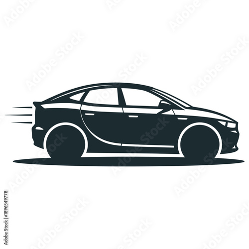 stylized electric car side view vector illustration showing modern eco friendly vehicle concept with green wheels smooth motion lines sustainable urban transport and clean energy mobility design