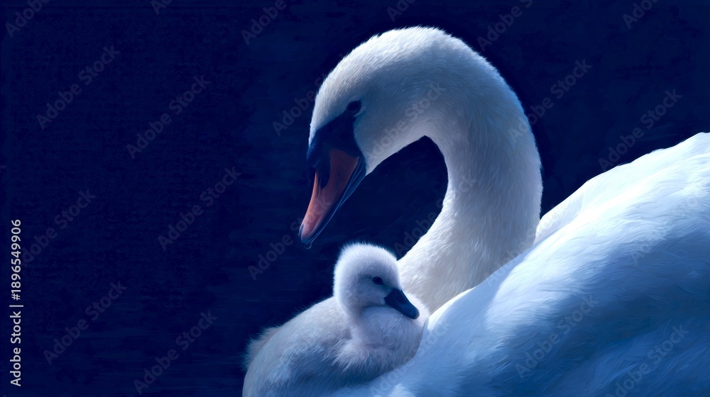 Fototapeta premium A serene moment captured in nature. A beautiful swan and its adorable cygnet rest peacefully. The image highlights the bond between mother and child. Perfect for wildlife enthusiasts. AI
