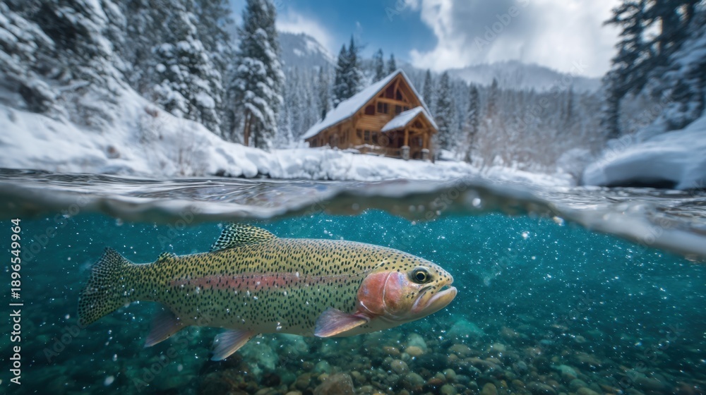 Naklejka premium Rainbow trout swimming under icy stream with snowy cabin and mountain backdrop.