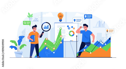 Business professionals analyze data for market research and growth strategy.