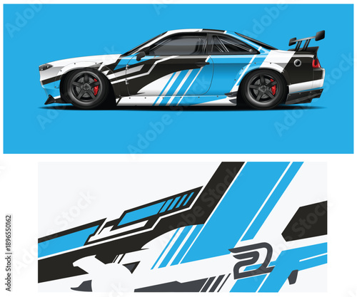 Racing car with blue and black stripes on a white background