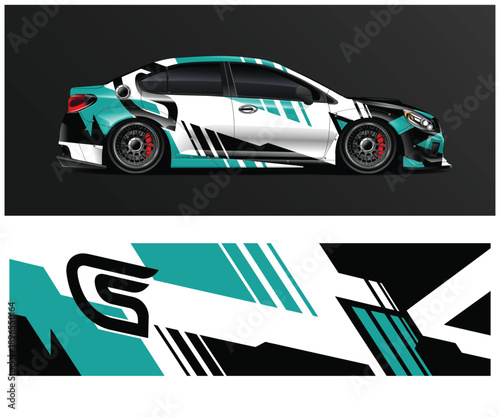 Teal and white sports car with racing stripes design