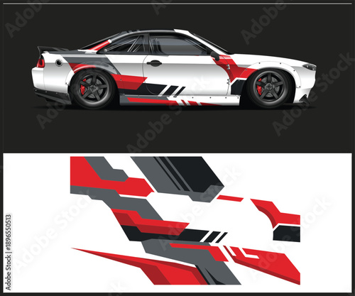 Car with red and black racing stripes design and decals