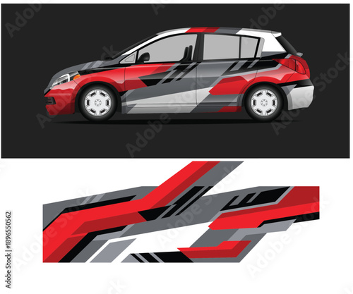 Red and gray car with racing stripes design and closeup