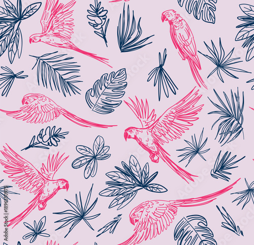 Macaw parrot, tropical bird, palm leaves, seamless pattern, hand-drawn sketch