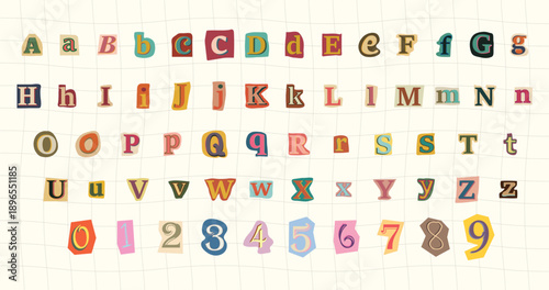 Colorful Scrapbook Paper Cut Alphabet with Torn Magazine Letters and Crayon Scribbles