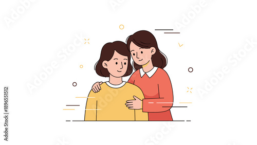 Illustration of two caucasian females embracing with smiles in warm, minimalist style