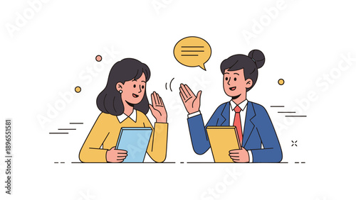 Two young asian female professionals in conversation, holding folders