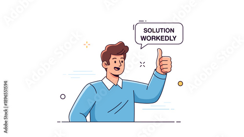 Young caucasian male giving thumbs up with speech bubble cartoon illustration