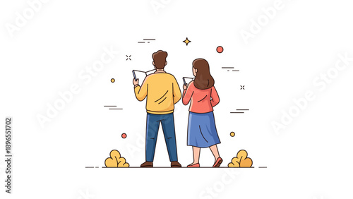 Caucasian young adults reading books outdoors with decorative elements