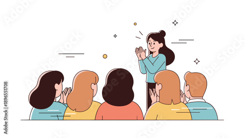 Female presenter engaging audience with applause in animation style