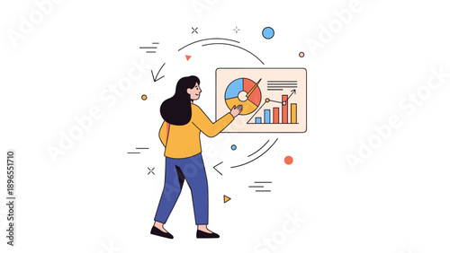 Female analyzing data on interactive graph display with colorful charts