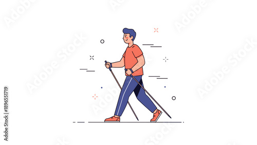 Cartoon illustration of male nordic walker in motion with walking poles