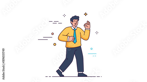 Cartoon adult male character in yellow sweater and blue tie walking