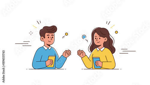 Cartoon illustration of smiling caucasian male and female teens with drinks