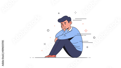 Animated young male character sitting alone in contemplative mood