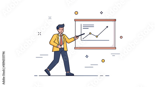Young caucasian male presenter analyzing business growth on graph