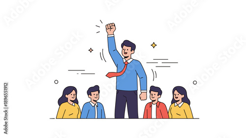 Young caucasian male leader empowering team of adults in business setting