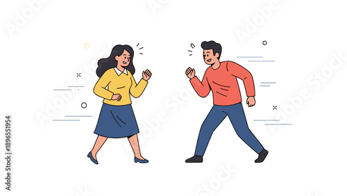 Young caucasian female and male animated characters in happy interaction