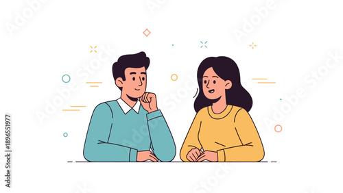Young caucasian male and female animated characters engaged in conversation