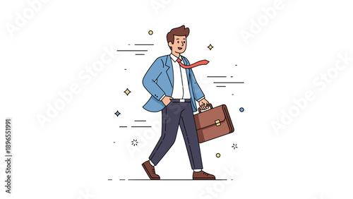 Cartoon young caucasian male professional walking with briefcase in blue suit