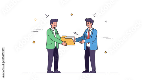 Two cartoon males exchanging documents in an office setting