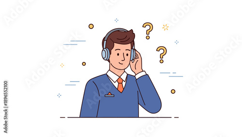 Illustration of young caucasian male customer service representative with headphones