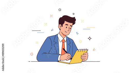 Young caucasian male writing in notebook with focused expression