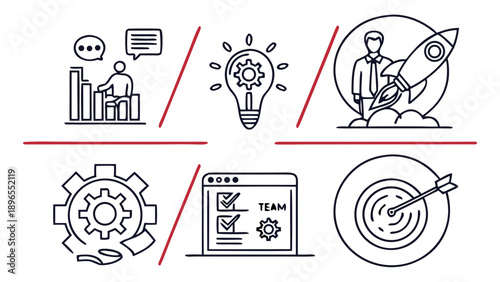 Business strategy and team collaboration - in trendy line style, line icons set, media, website, blog, content, web icon set, Vector illustration