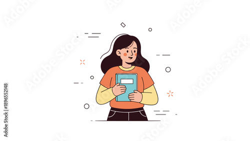 Young caucasian female holding book smiling in simple cartoon style