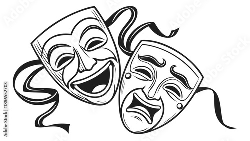 Theatrical masks depicting joy and sorrow - in trendy line style, line icons set, media, website, blog, content, web icon set, Vector illustration