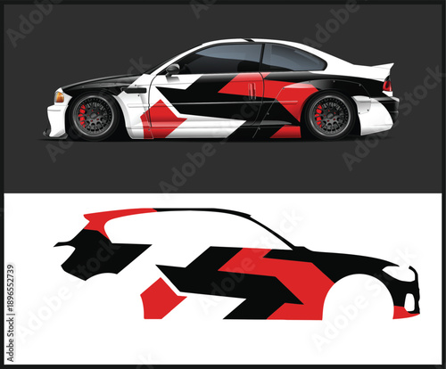 Red black and white sports car design with geometric pattern