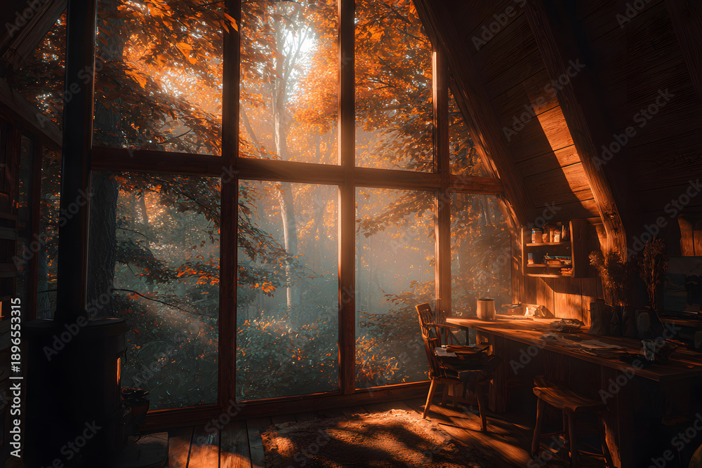 Fototapeta premium Cozy cabin living room with autumn view of serene forest in warm sunlight