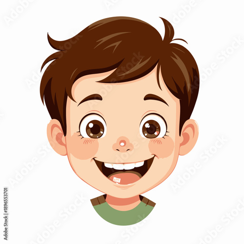 Smiling Cartoon Boy with Brown Hair and Big Eyes Exhibiting Joyful Expression on White Background with Green Shirt Detail