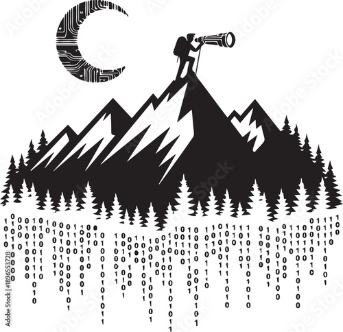 Adventurer with telescope on mountain peak under binary moon