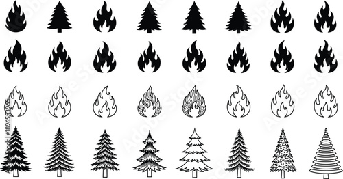 Flame icons, pine tree silhouettes, fire symbol, forest design, nature outline, wildfire awareness, environmental graphic, outdoor theme, decorative set, flat vector illustration