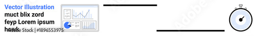Data charts with economic graphs and a stopwatch signifying time efficiency, performance tracking, and productivity. Ideal for data analysis, project planning, time tracking, efficiency, workflow