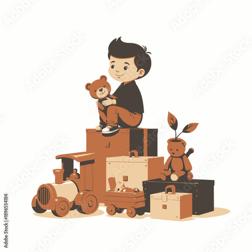 Charming Cartoon Illustration of a Happy Young Boy Sitting with a Teddy Bear on Toy Boxes Beside a Wooden Toy Train and Colorful Wagon in a Playroom Setting