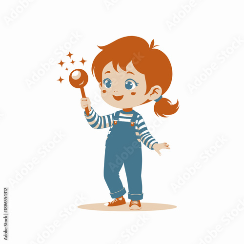 Adorable Child in Overalls Holding a Magnifying Glass with Sparkles While Curiously Exploring and Discovering in a Simple Illustrated Outdoor Scene