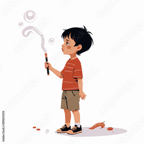 A young boy intently blowing bubbles with a wooden pipe, surrounded by scattered small toys and fruit on a plain white background