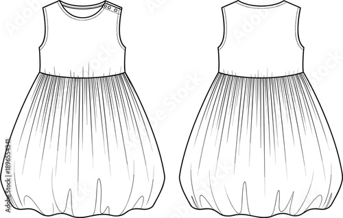 Children’s sleeveless dress, balloon skirt, gathered waist, round neckline, button placket, fashion garment sketch, apparel design, clothing silhouette, couture illustration, flat vector illustration