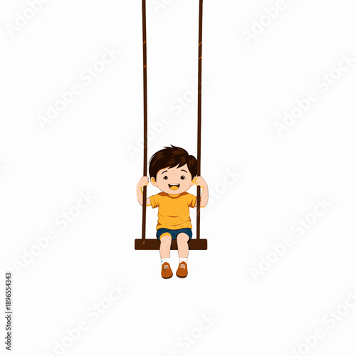 Cheerful Young Boy in Yellow Shirt Joyfully Swinging on a Wooden Swing Against a Bright Minimalistic White Background Capturing a Sense of Freedom and Play