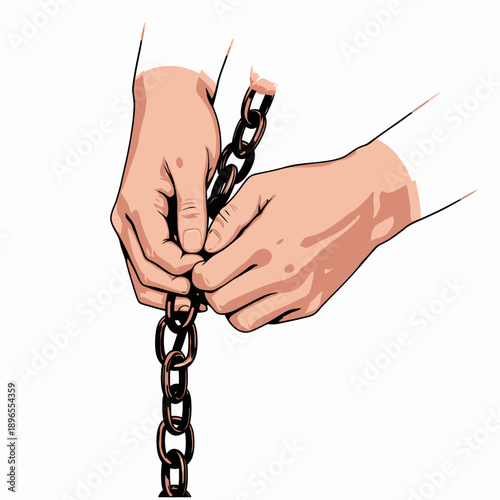 Close-up Illustration of Hands Attempting Breakaway from Metal Chain Enclosing Wrists, Symbolizing Liberation or Freedom from Constraints