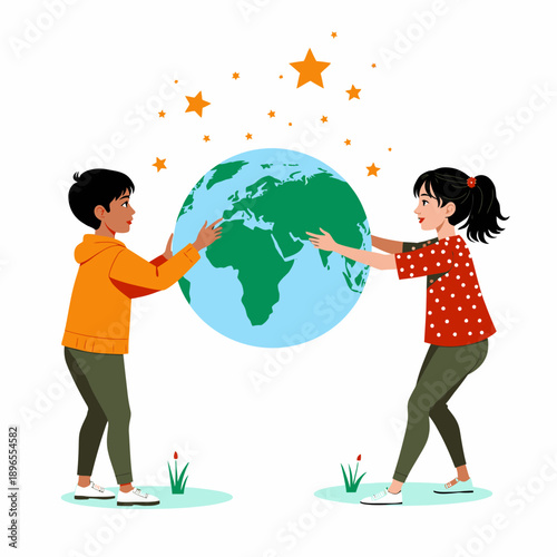 Two Children Holding a Globe Surrounded by Stars Emphasizing Unity, Environmental Awareness and the Importance of Global Friendship and Cooperation Among Youngsters