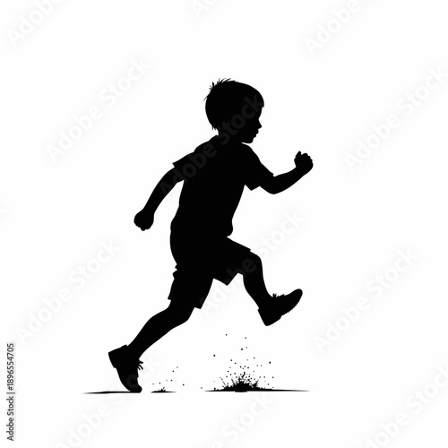Silhouette of a joyful child running freely with energetic movement captured in black and white highlighting the sense of playfulness and youthful exuberance