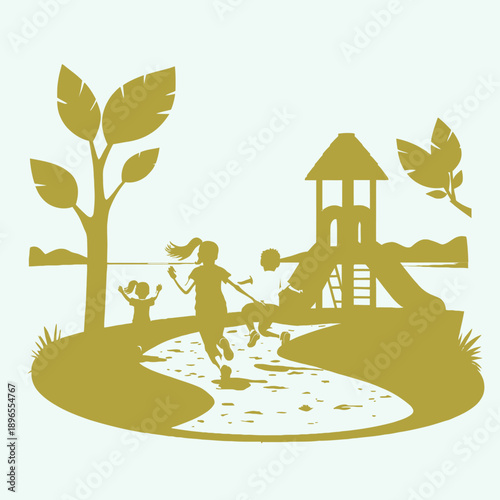 Joyful children running toward a colorful playground by a serene lakeside park under a clear blue sky, surrounded by lush greenery and vibrant trees