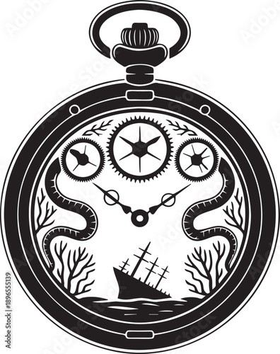 Pocket watch gears shipwreck sailing ship and sea elements