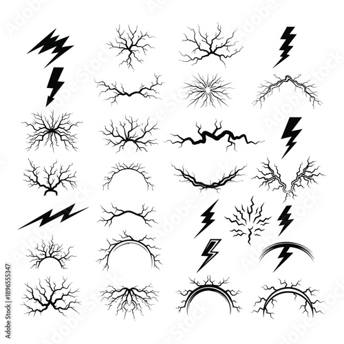 Collection of black lightning bolt and crack icons on white background